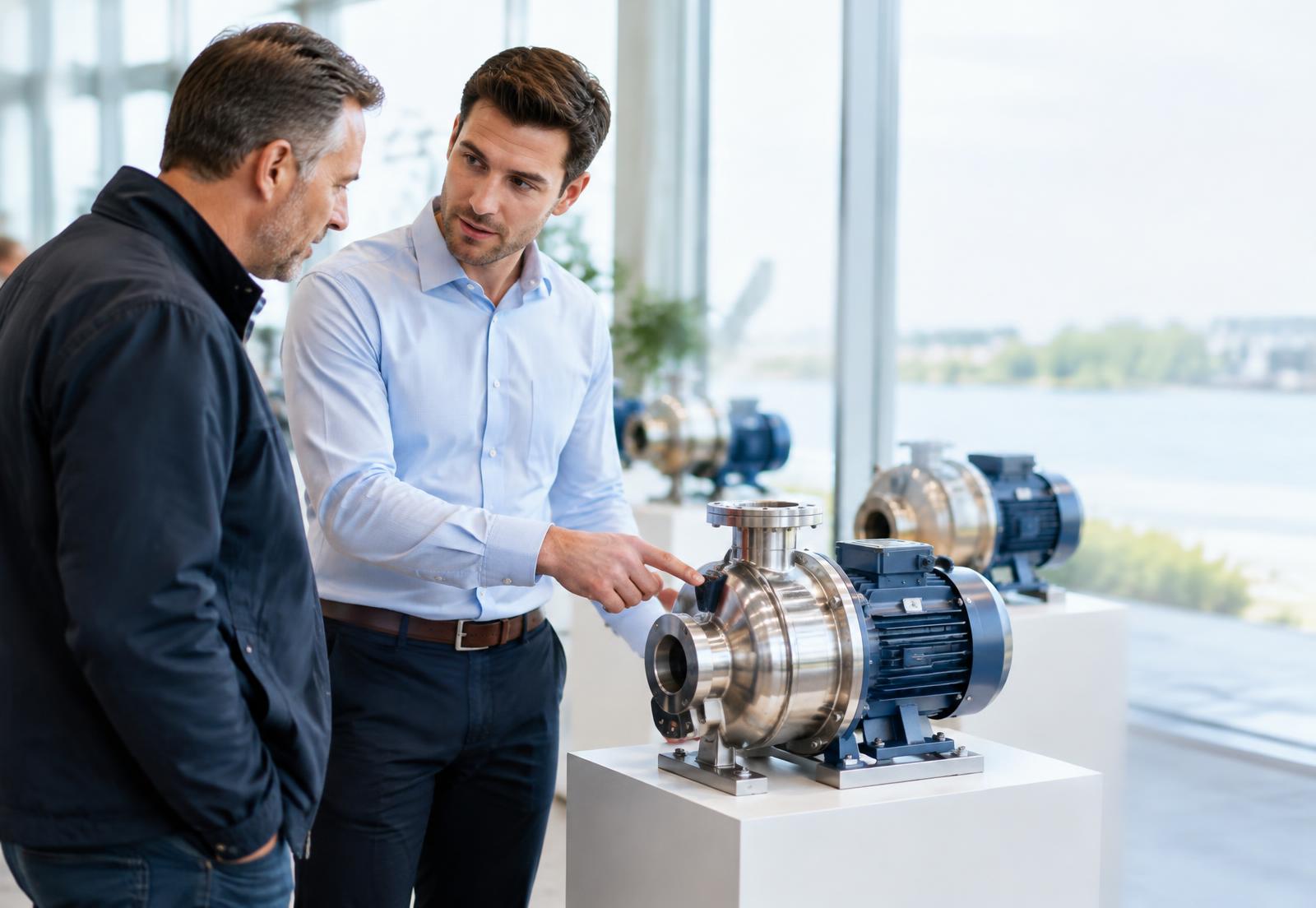 A technical salesperson explains a pump to a customer in a showroom